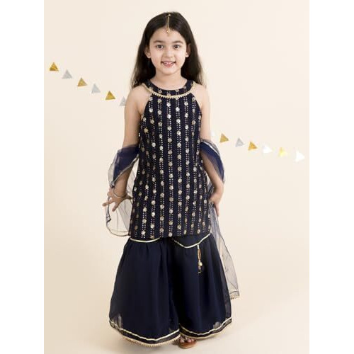 Pspeaches Girl's Polyester Kurta & Sharara (Sha-Navyblueseq-8-10_Navy