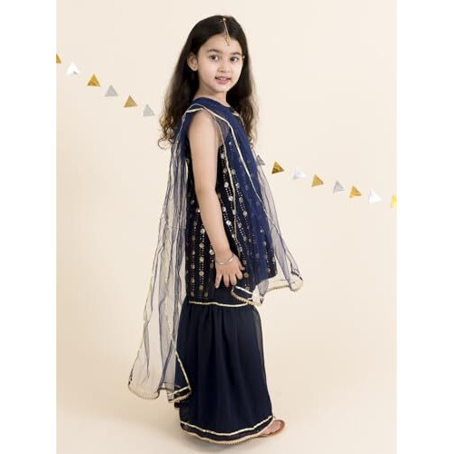 Pspeaches Girl's Polyester Kurta & Sharara (Sha-Navyblueseq-8-10_Navy
