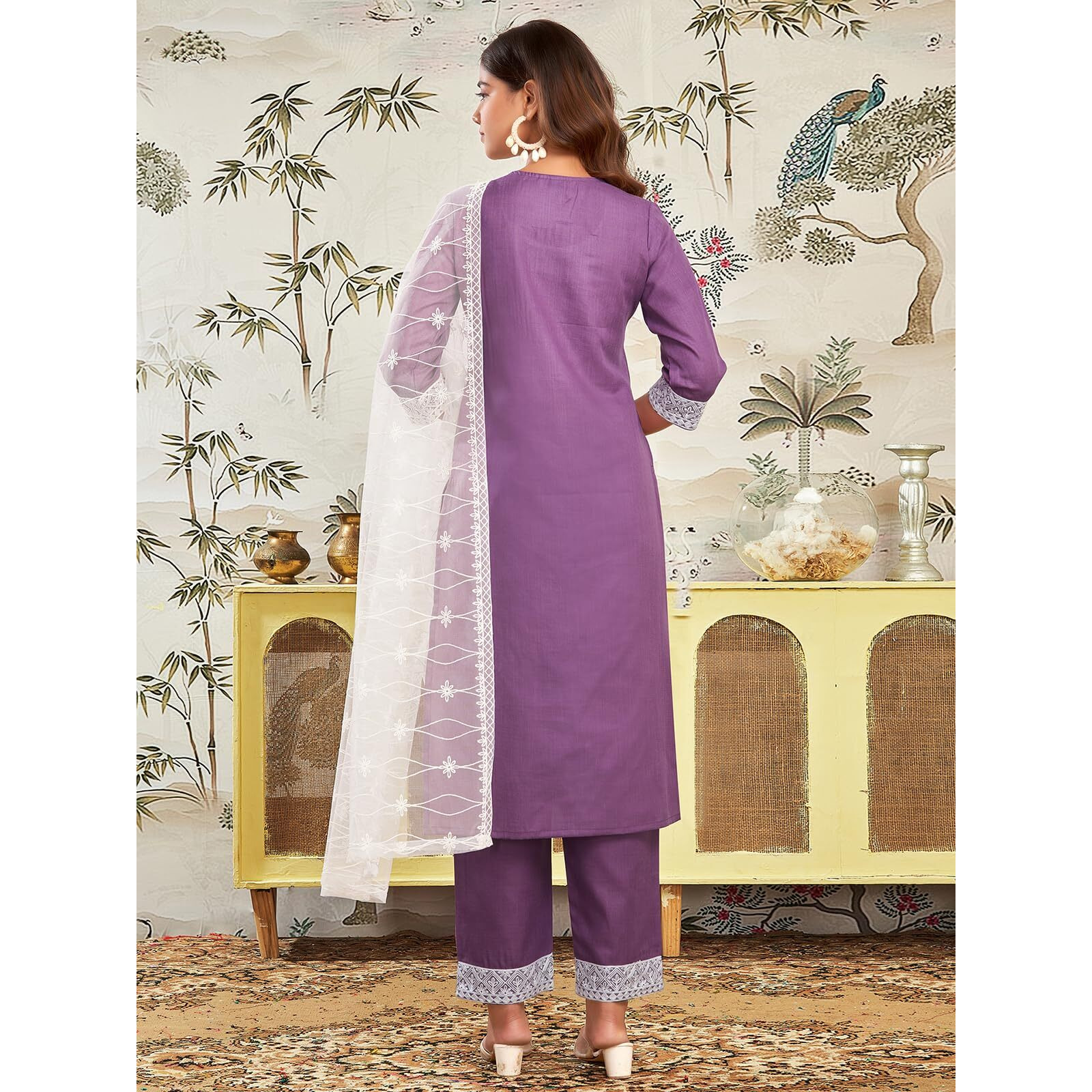 Sanisa Women's Cotton Blend Sequence And Embroidery Work Straight Kurta With Pant And Dupatta Set (197Kbd2093N-M_Purple & White)