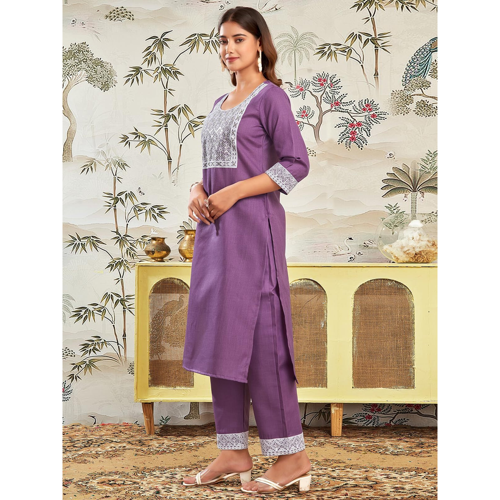 Sanisa Women's Cotton Blend Sequence And Embroidery Work Straight Kurta With Pant And Dupatta Set (197Kbd2093N-M_Purple & White)