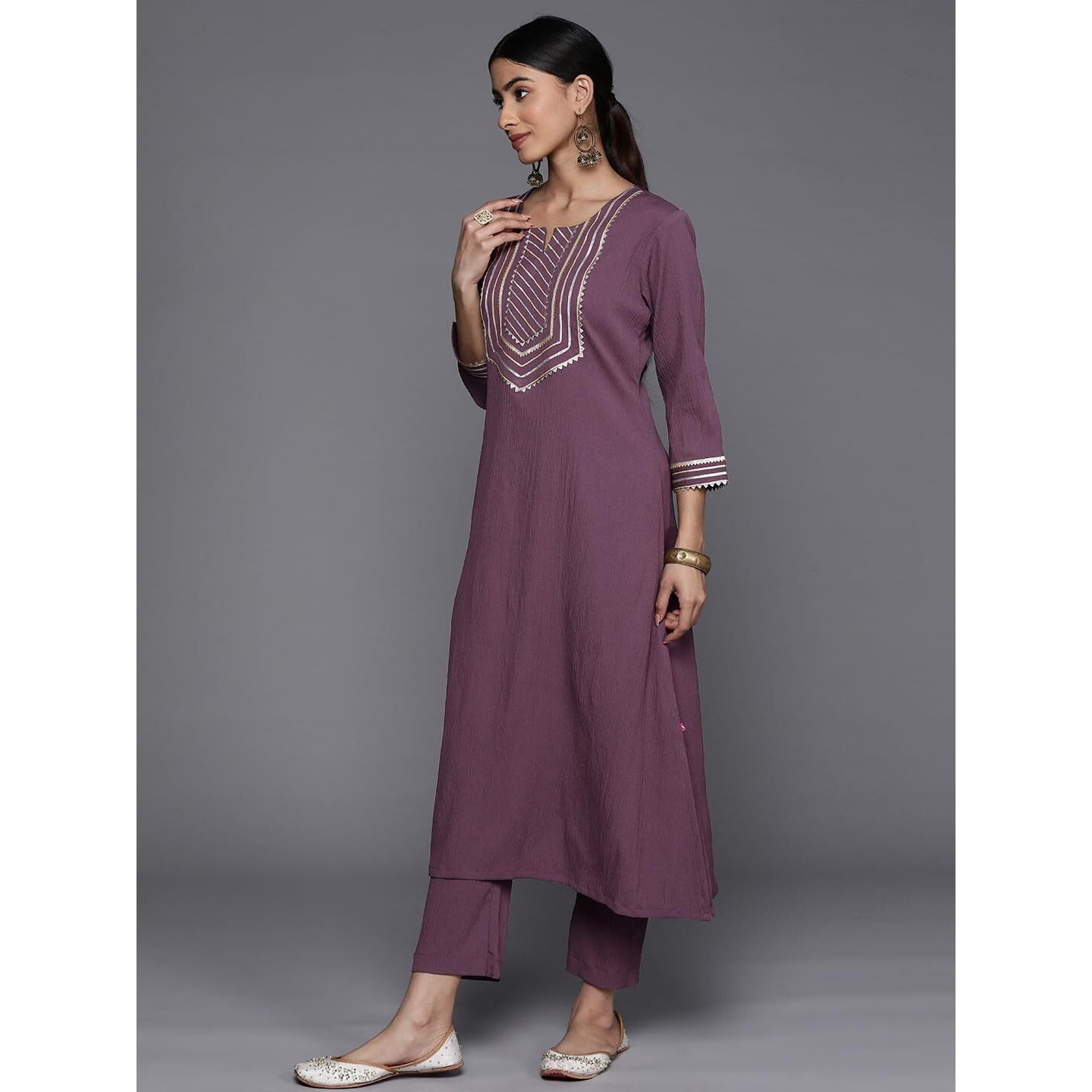 Violet Straight Kurta With Gota Lace Embellished Kurta, Round Neckline With Slit, Straight Kurta, Side Slit, Straight Hemline, Gota Lace Embellishment.