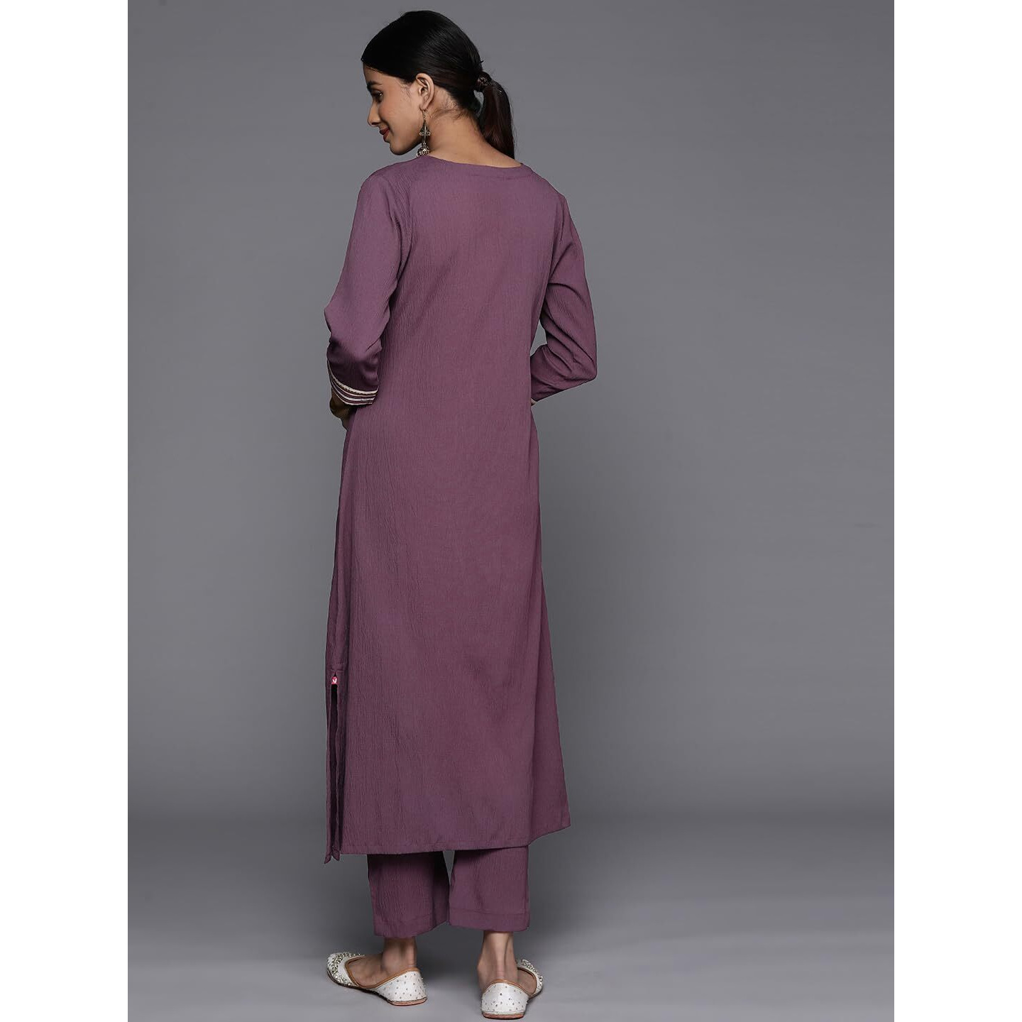 Violet Straight Kurta With Gota Lace Embellished Kurta, Round Neckline With Slit, Straight Kurta, Side Slit, Straight Hemline, Gota Lace Embellishment.