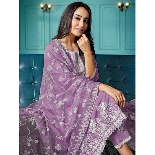 Shienzy Women's Embroidered Work Chanderi Kurta & Pant With Dupatta || Straight Kurta Outfits || Ethnic Set(1655_Prl_Xxl)