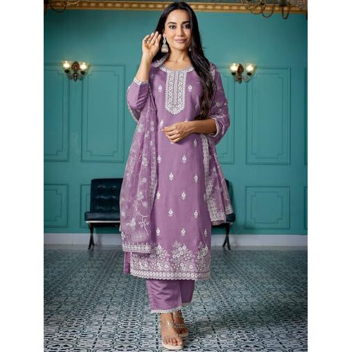 Shienzy Women's Embroidered Work Chanderi Kurta & Pant With Dupatta || Straight Kurta Outfits || Ethnic Set(1655_Prl_Xxl)