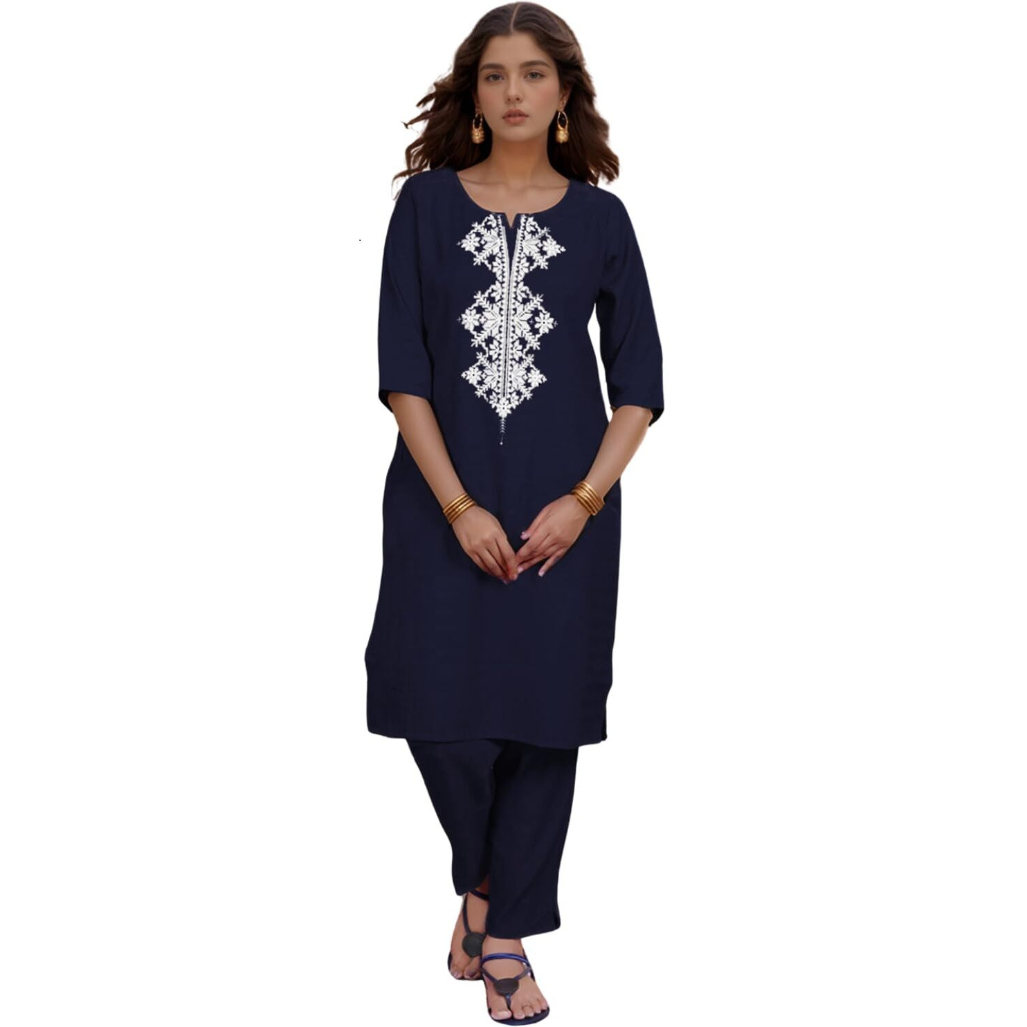 Shienzy Women's Cotton Blend Emroidered Kurta Pant Set | Ethnic Wear For Festive & Casual | Stylish Straight Fit | Elegant Indian Outfit (1662_Nbl_M) Blue
