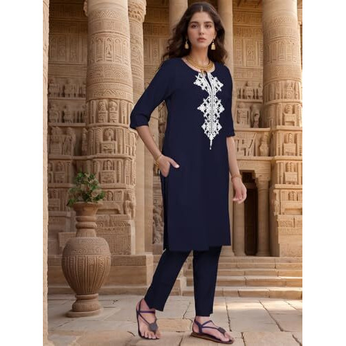 Shienzy Women's Cotton Blend Emroidered Kurta Pant Set | Ethnic Wear For Festive & Casual | Stylish Straight Fit | Elegant Indian Outfit (1662_Nbl_M) Blue