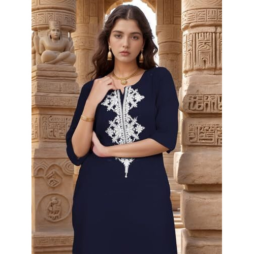 Shienzy Women's Cotton Blend Emroidered Kurta Pant Set | Ethnic Wear For Festive & Casual | Stylish Straight Fit | Elegant Indian Outfit (1662_Nbl_M) Blue