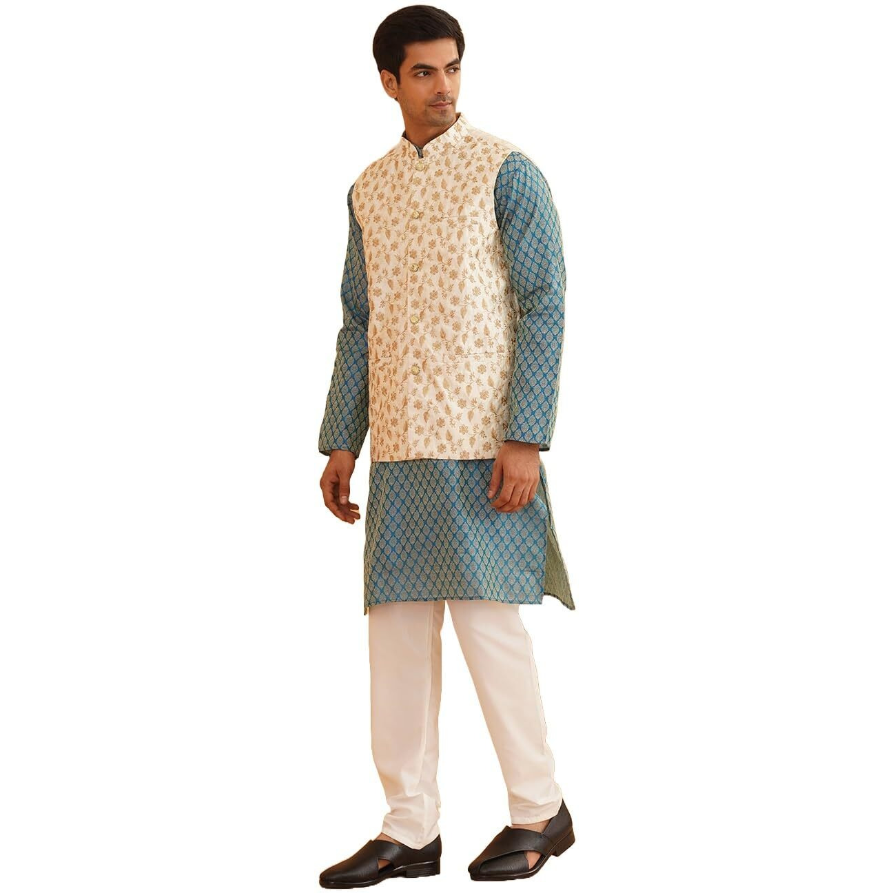 Sojanya (Since 1958 Men's Silk Blend Peacock Blue Kurta With Pyjamas & Cream Nehru Jacket