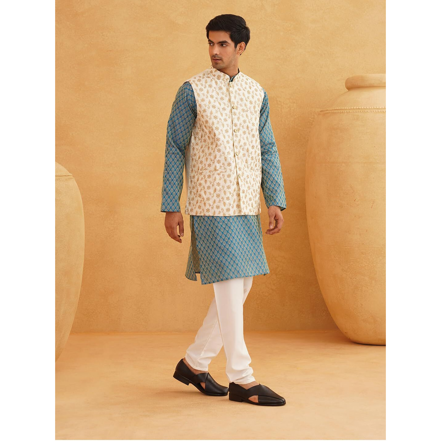 Sojanya (Since 1958 Men's Silk Blend Peacock Blue Kurta With Pyjamas & Cream Nehru Jacket