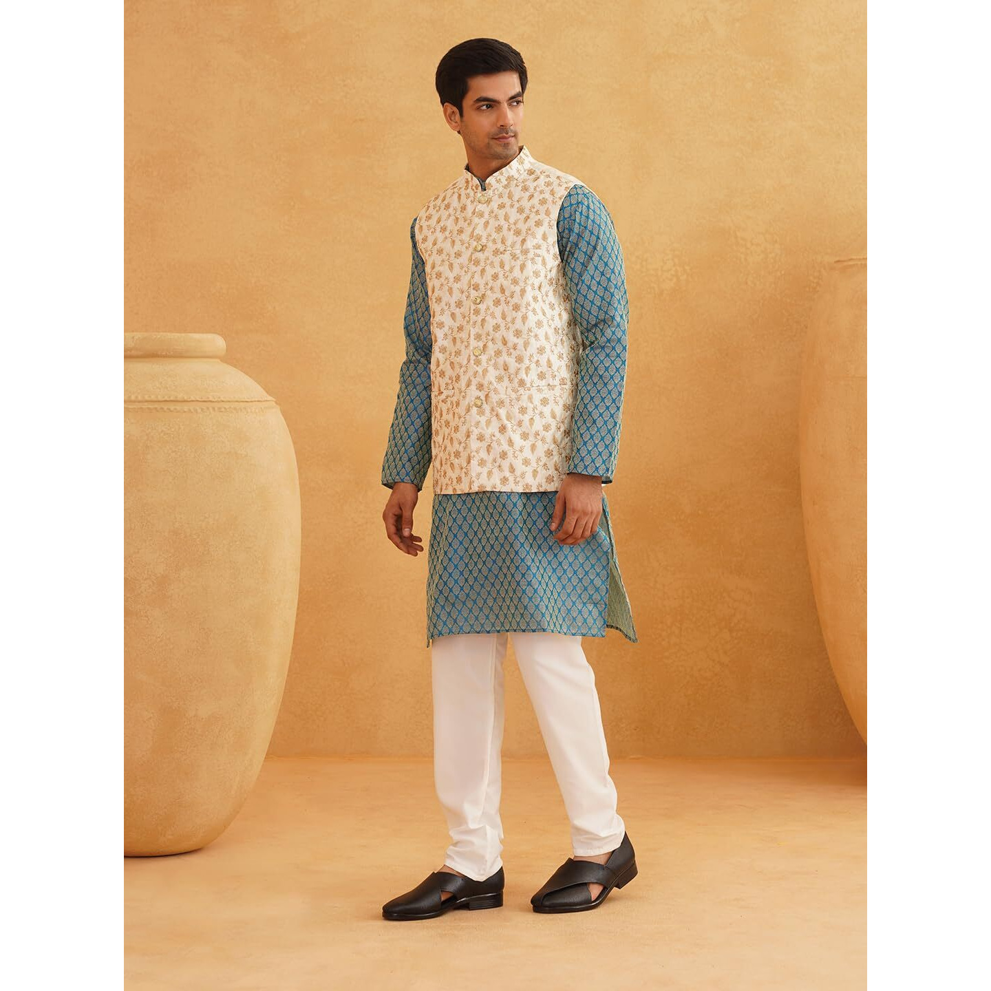 Sojanya (Since 1958 Men's Silk Blend Peacock Blue Kurta With Pyjamas & Cream Nehru Jacket