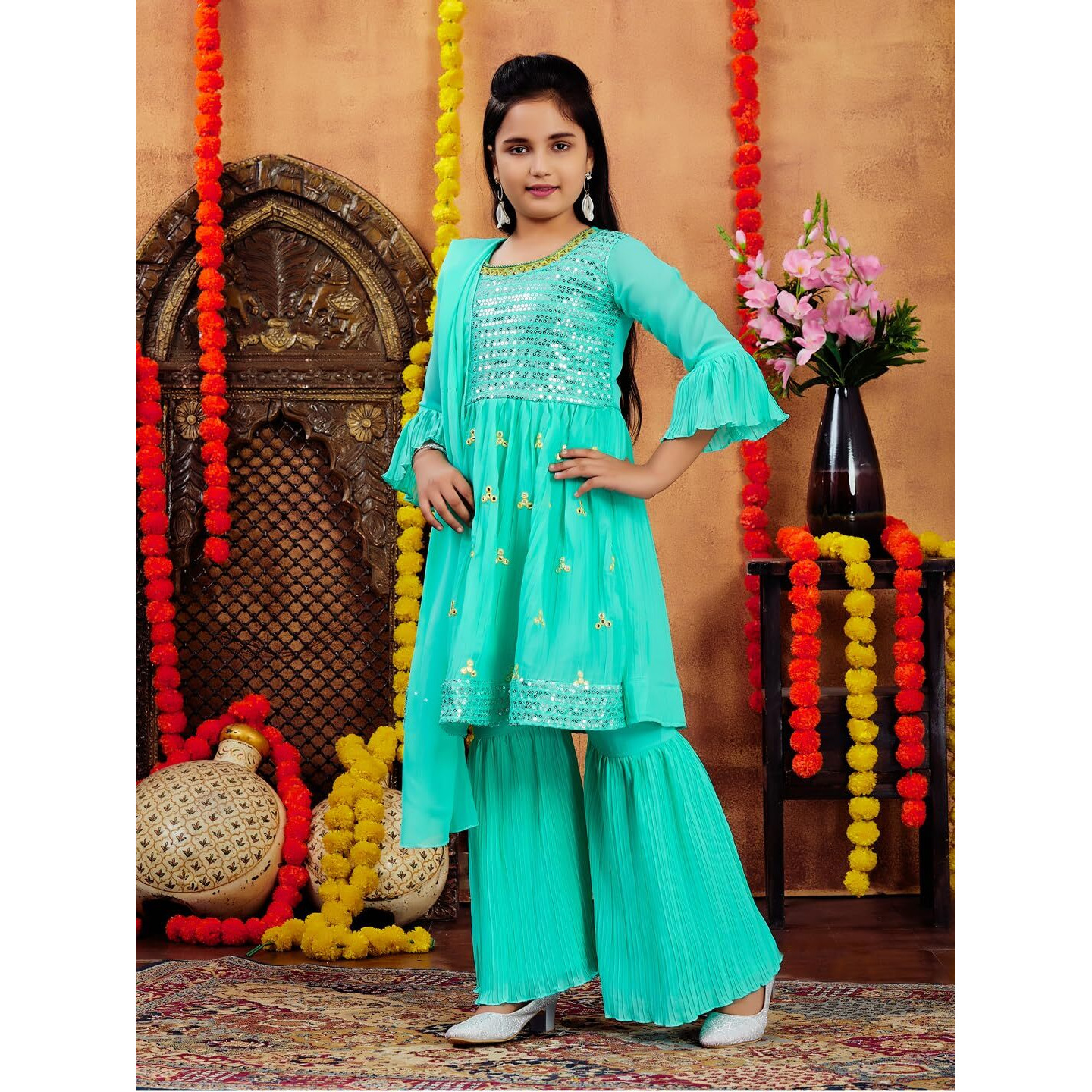 Aarika Girls Ethnic Wear Sea Green Colour Sequins Embroidery Georgette Kurti Sharara Set (5-11 Years)