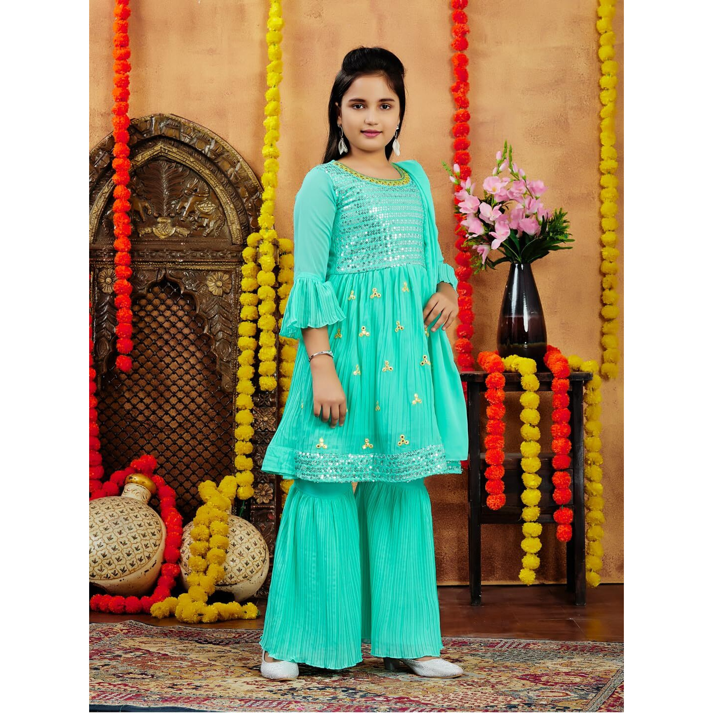 Aarika Girls Ethnic Wear Sea Green Colour Sequins Embroidery Georgette Kurti Sharara Set (5-11 Years)