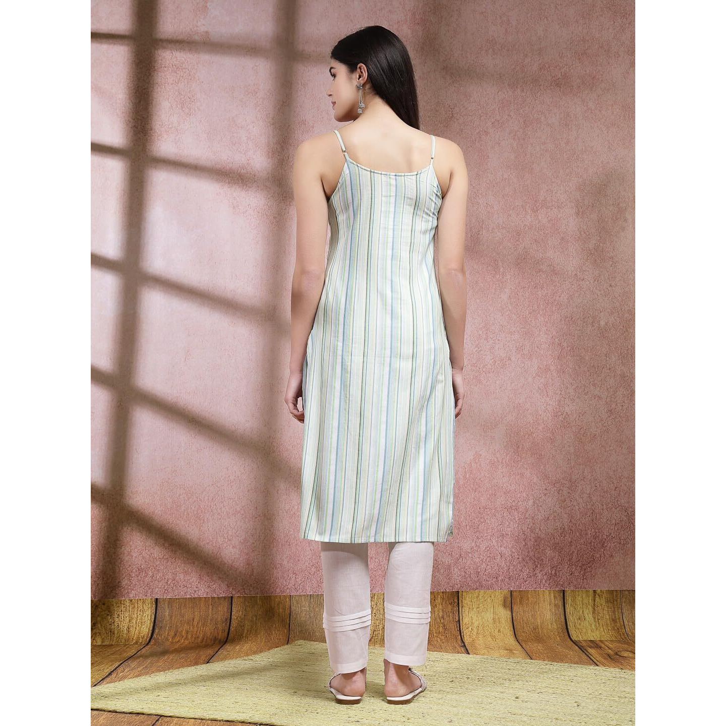 Stylum Women's Woven Striped Cotton Blend Straight Kurta (Rigel40_Green, L)