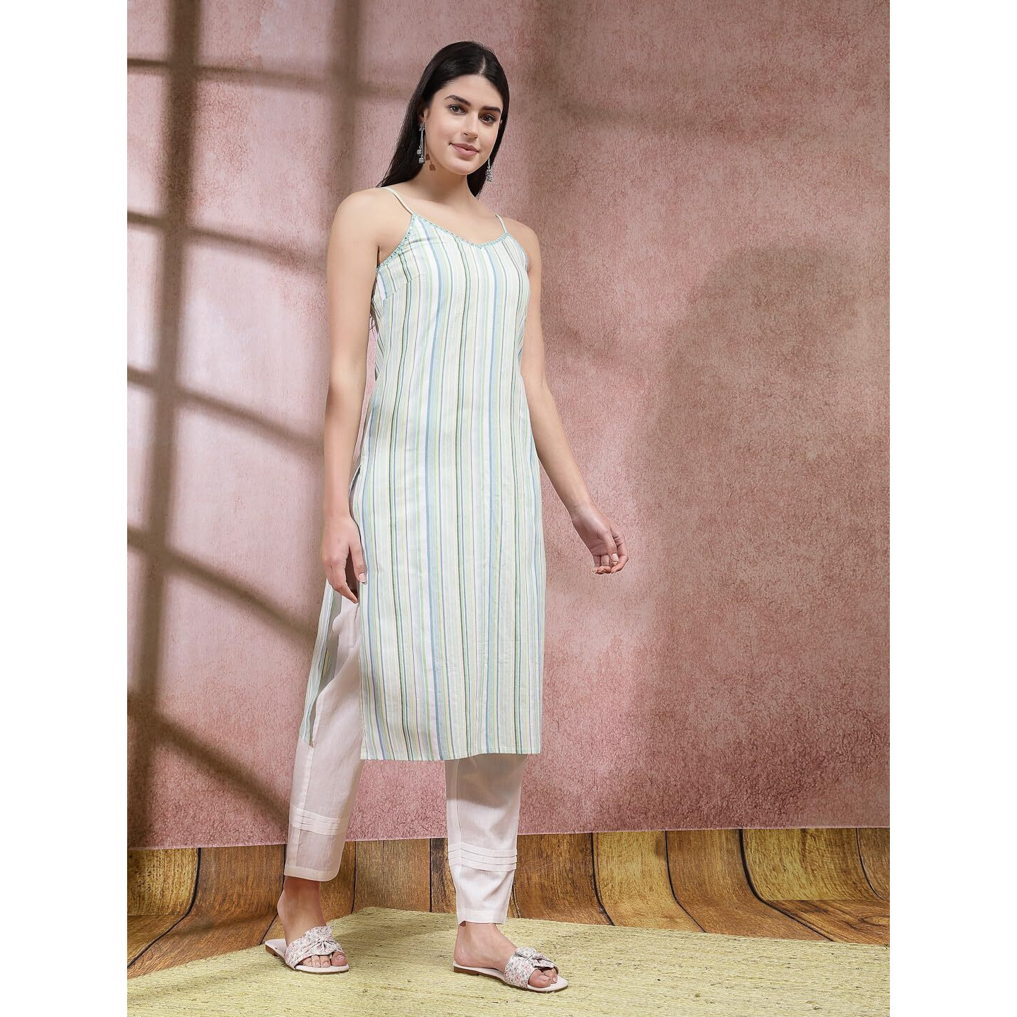 Stylum Women's Woven Striped Cotton Blend Straight Kurta (Rigel40_Green, L)