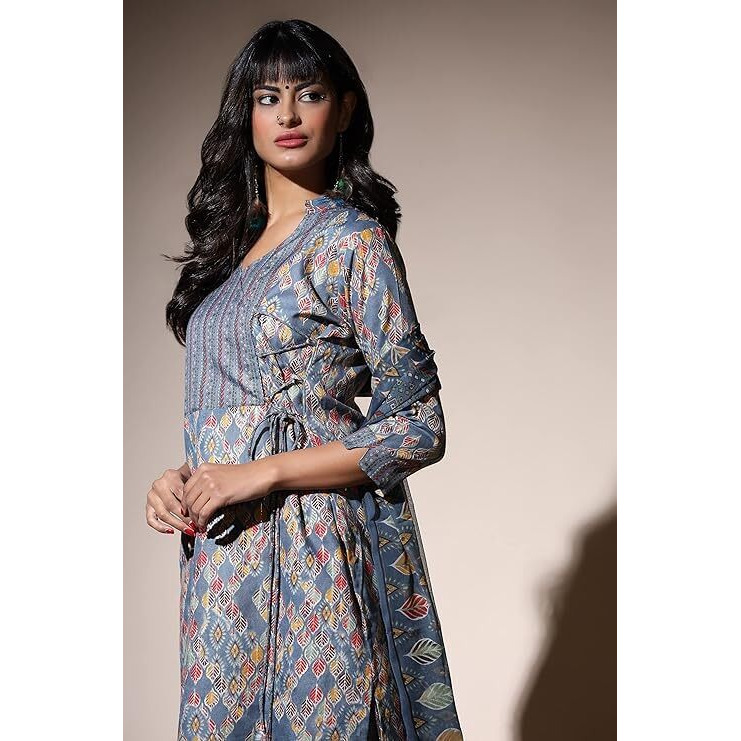 Dhruvi Trendz Women's Cotton Blend Kurties Regular Fit Casual Fancy Kurta And Pant Set (Dt-K2697_Blue_Xxl)