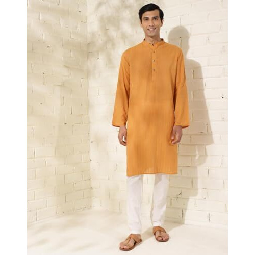 Fabindia Men's Cotton Striped Comfort Fit Kurta (1033055Mustard_Mustard