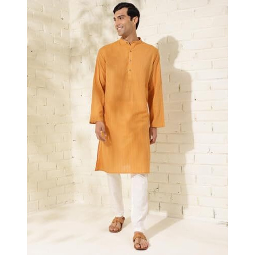 Fabindia Men's Cotton Striped Comfort Fit Kurta (1033055Mustard_Mustard
