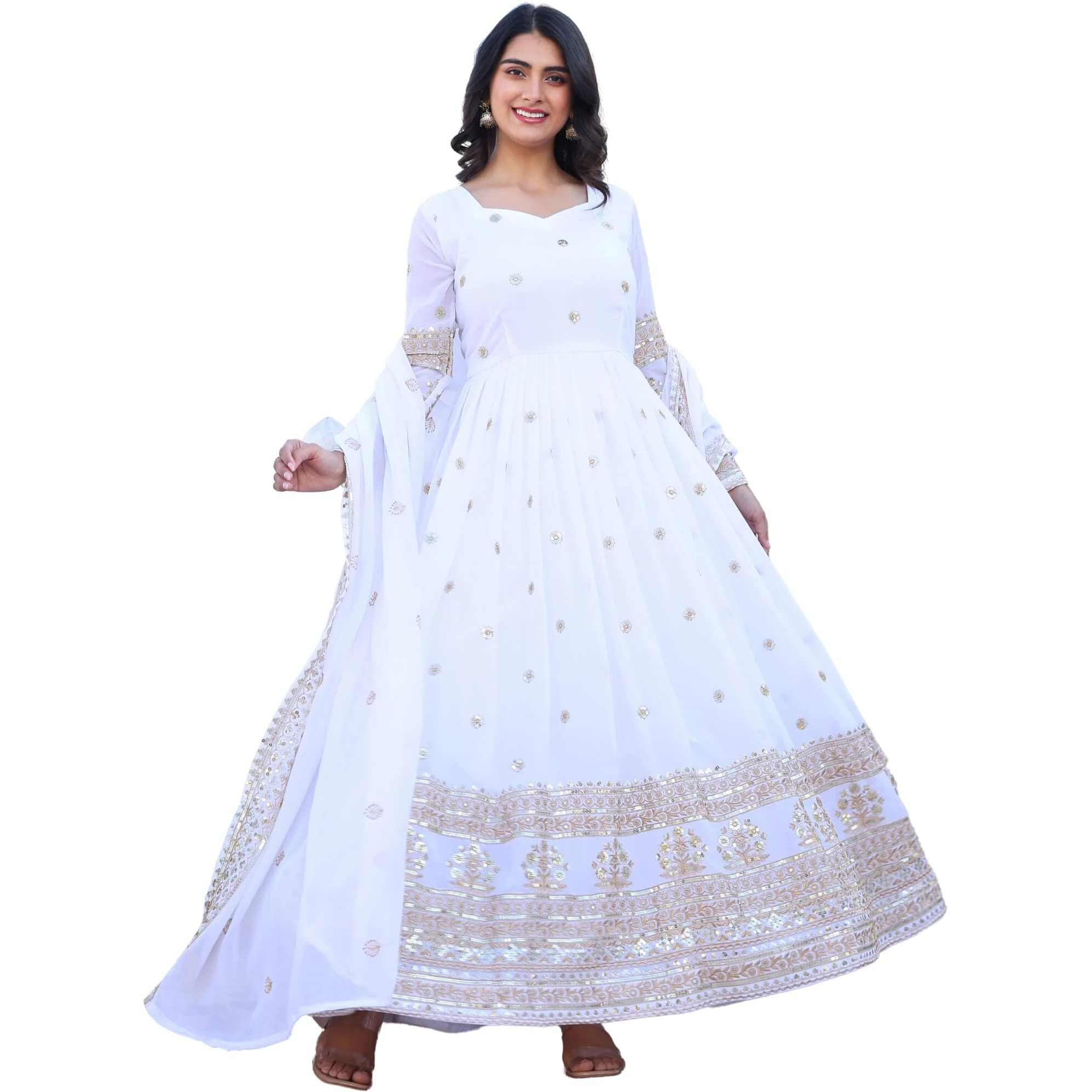 Fashion Basket Georegtte Anarkali Long Dress For Women White