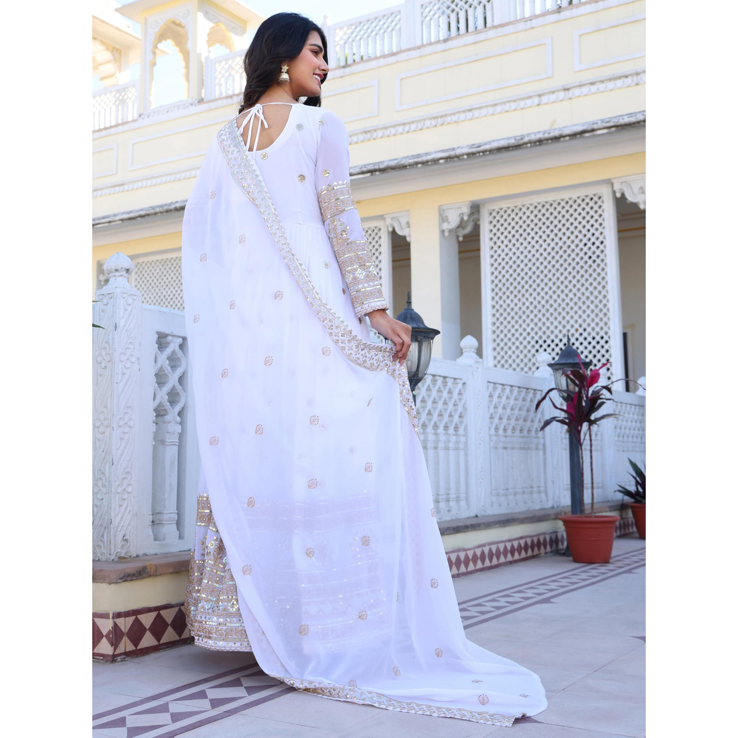 Fashion Basket Georegtte Anarkali Long Dress For Women White