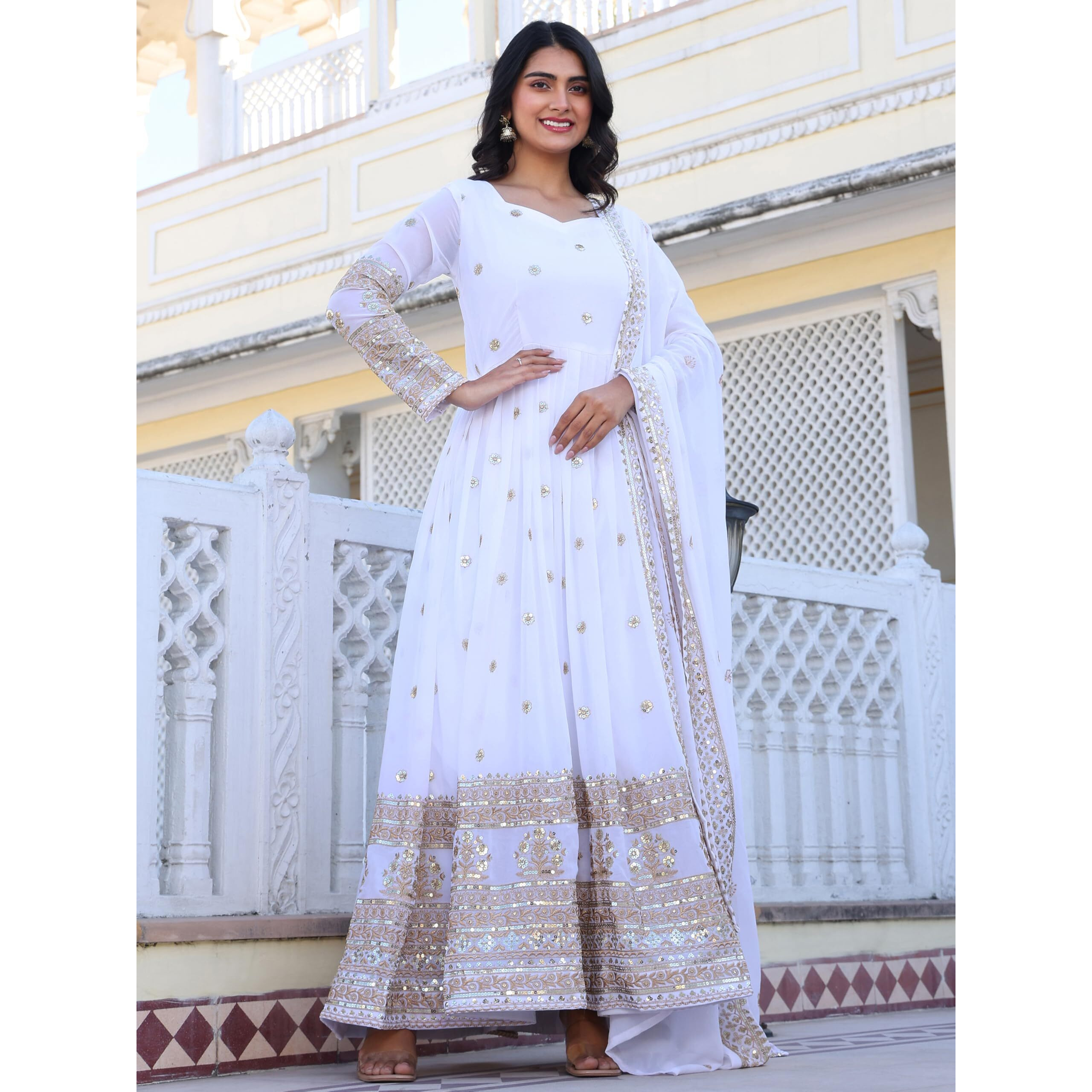 Fashion Basket Georegtte Anarkali Long Dress For Women White