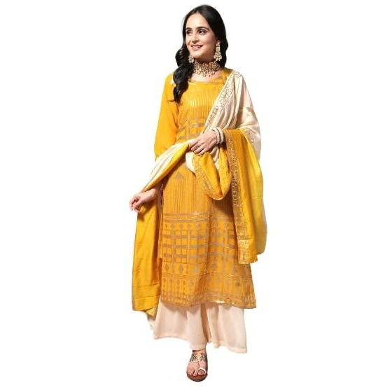 Varanga Women Yellow Sequins Embellished Kurta Paired With Contrast Sharara And Ombre Dupatta
