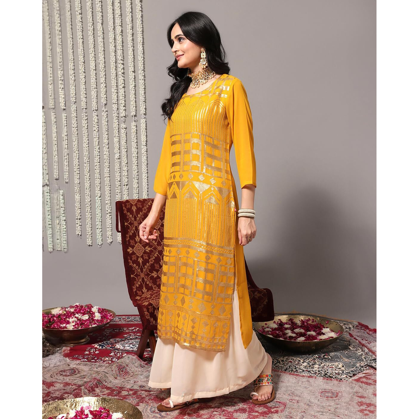 Varanga Women Yellow Sequins Embellished Kurta Paired With Contrast Sharara And Ombre Dupatta