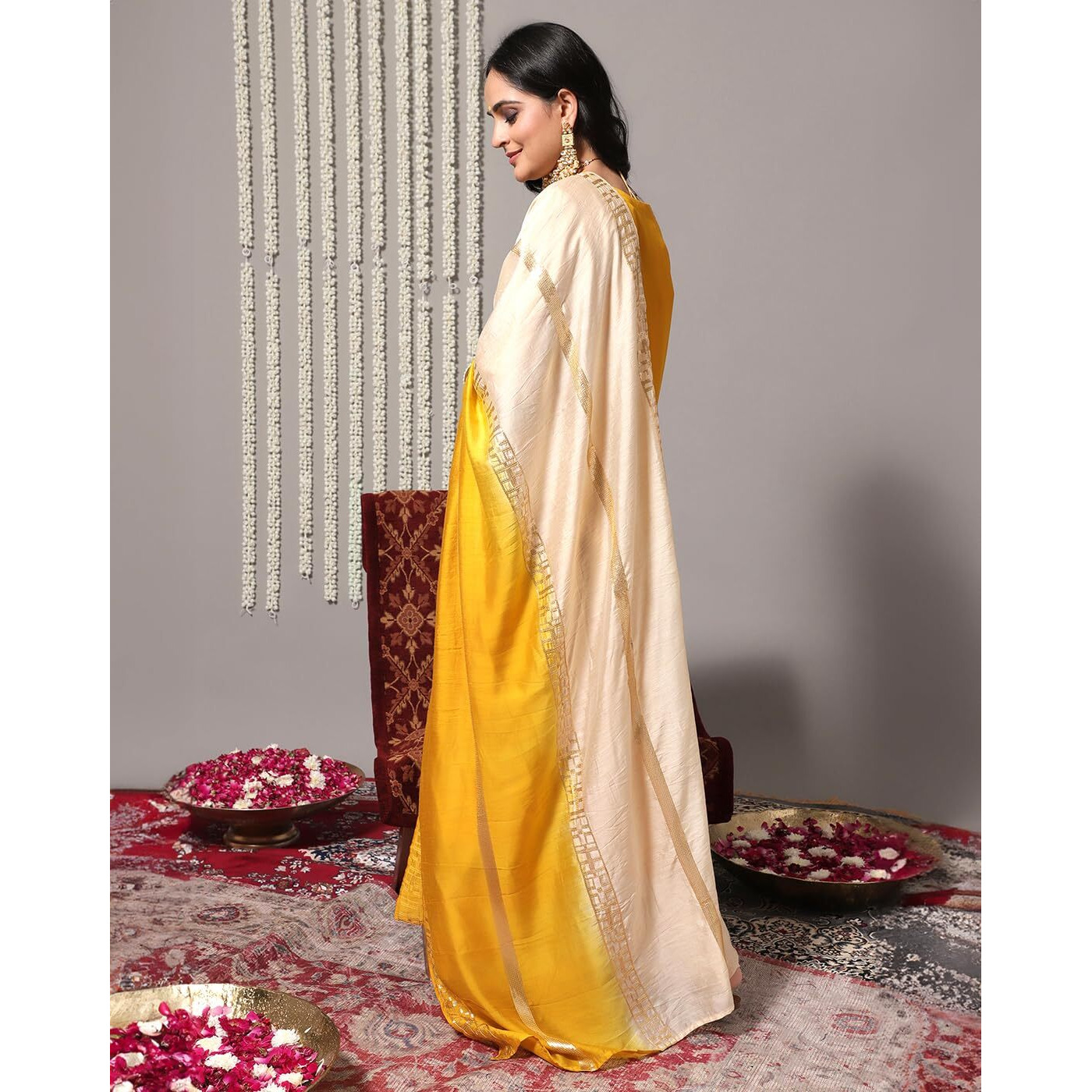 Varanga Women Yellow Sequins Embellished Kurta Paired With Contrast Sharara And Ombre Dupatta
