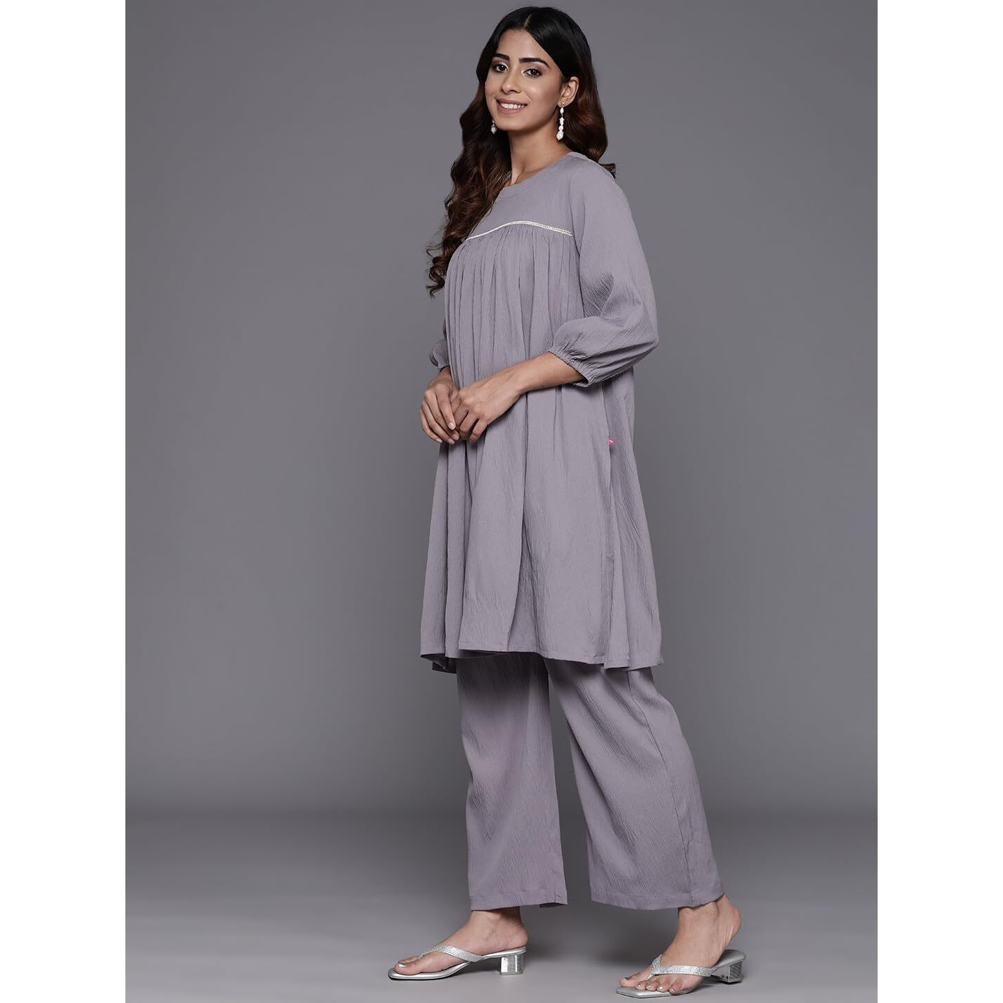 Varanga Women Grey Cotton Lace And Gather Detailed Co-Ord