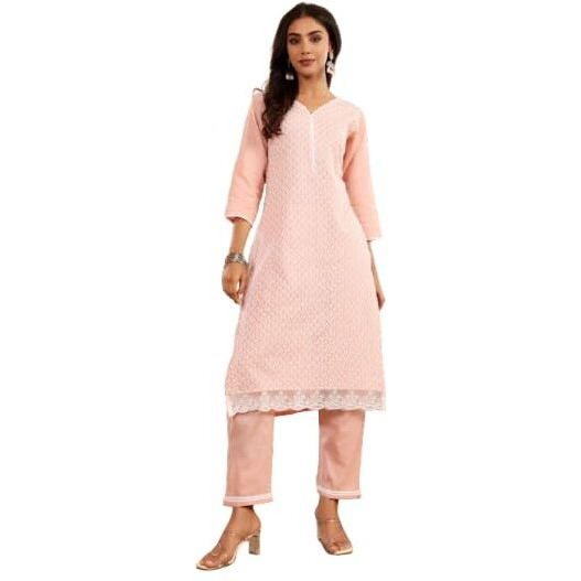 Varanga V Neck Chickankari Embroidered Kurta With Tonal Bottom And Chiffon Dupatta. Peach
