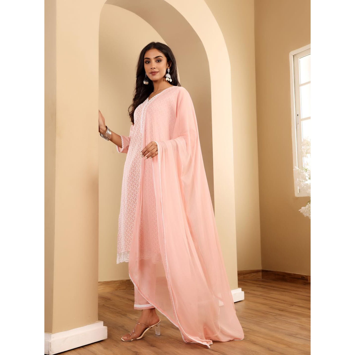 Varanga V Neck Chickankari Embroidered Kurta With Tonal Bottom And Chiffon Dupatta. Peach