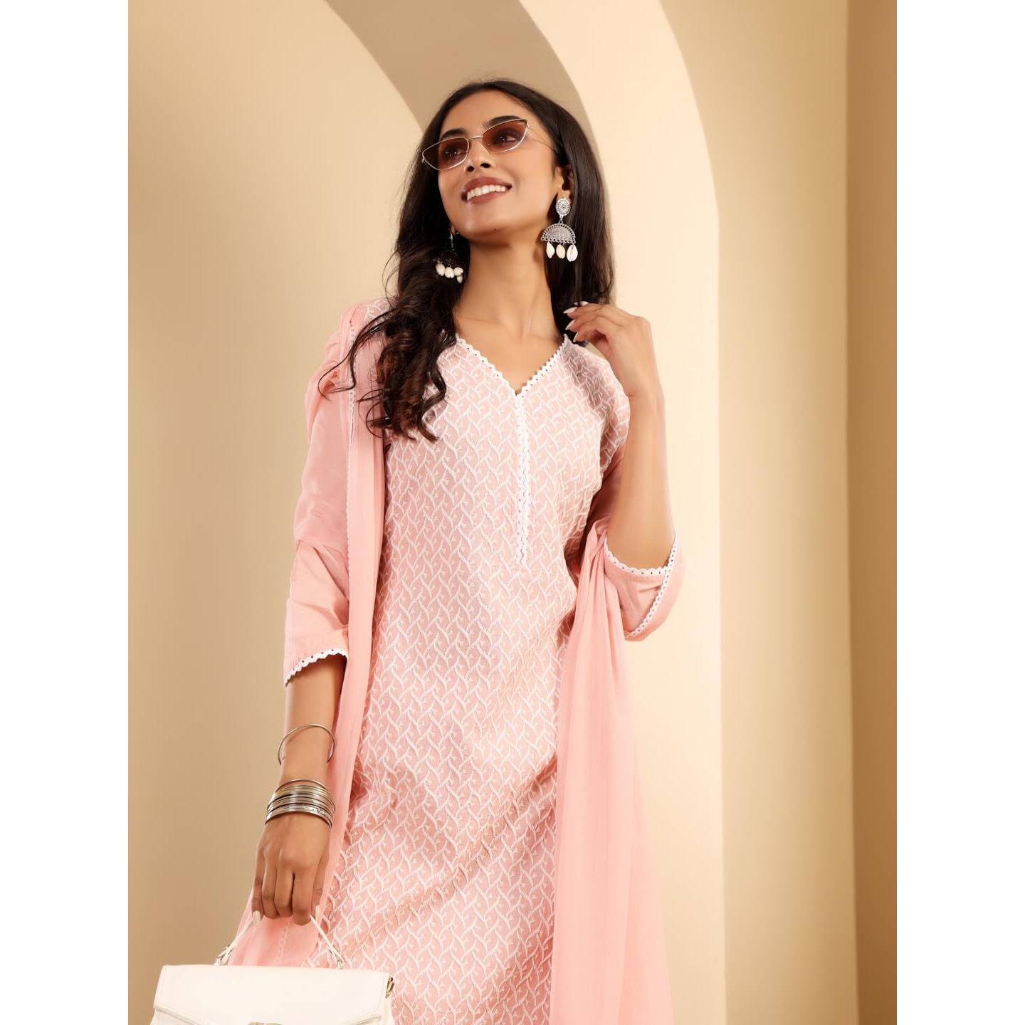 Varanga V Neck Chickankari Embroidered Kurta With Tonal Bottom And Chiffon Dupatta. Peach