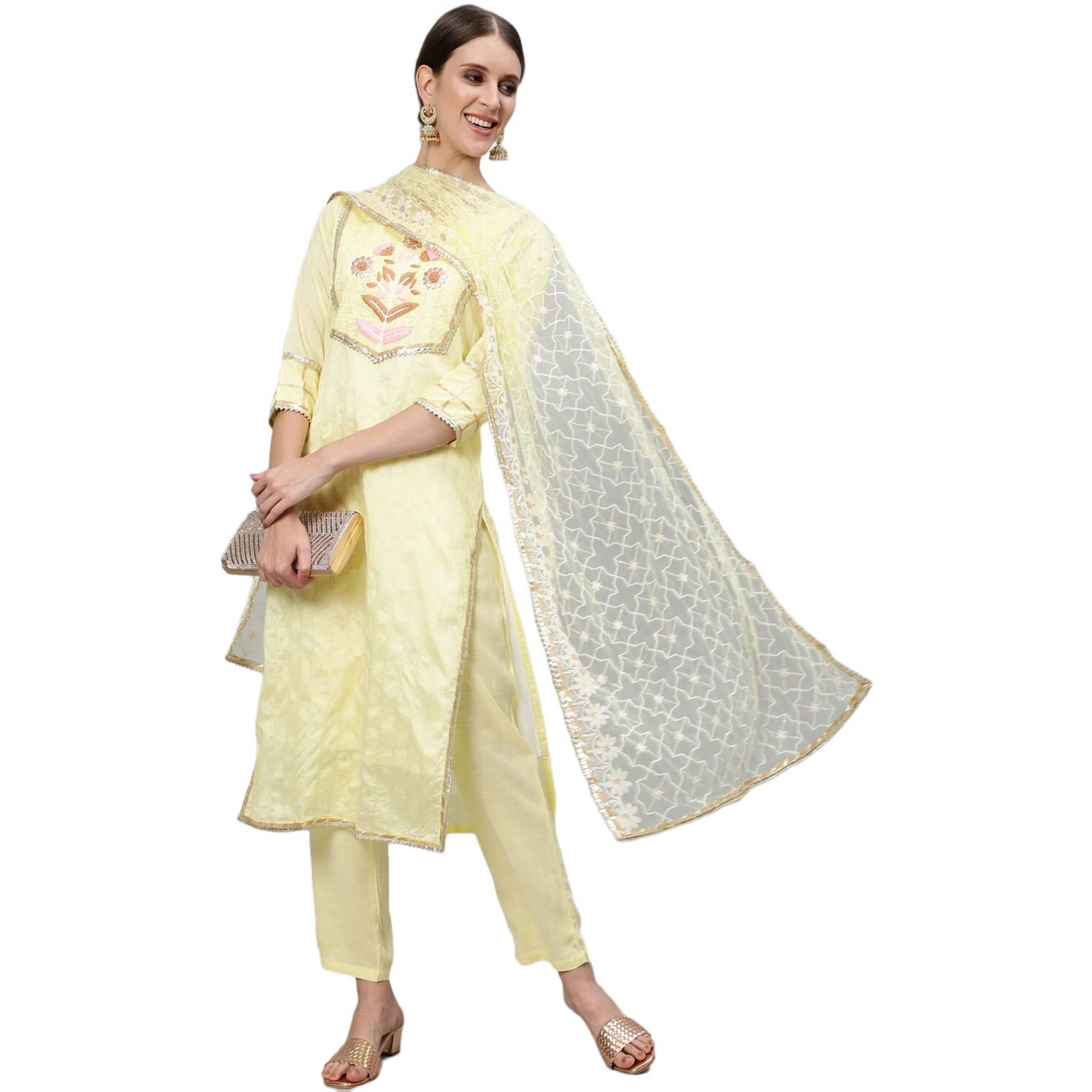 Ishin Women's Silk Blend A-Line Embroidered Thread Work Floral Print Yellow Kurta Suit Set With Trouser Kpldpnk-17038_Xxl_Yellow