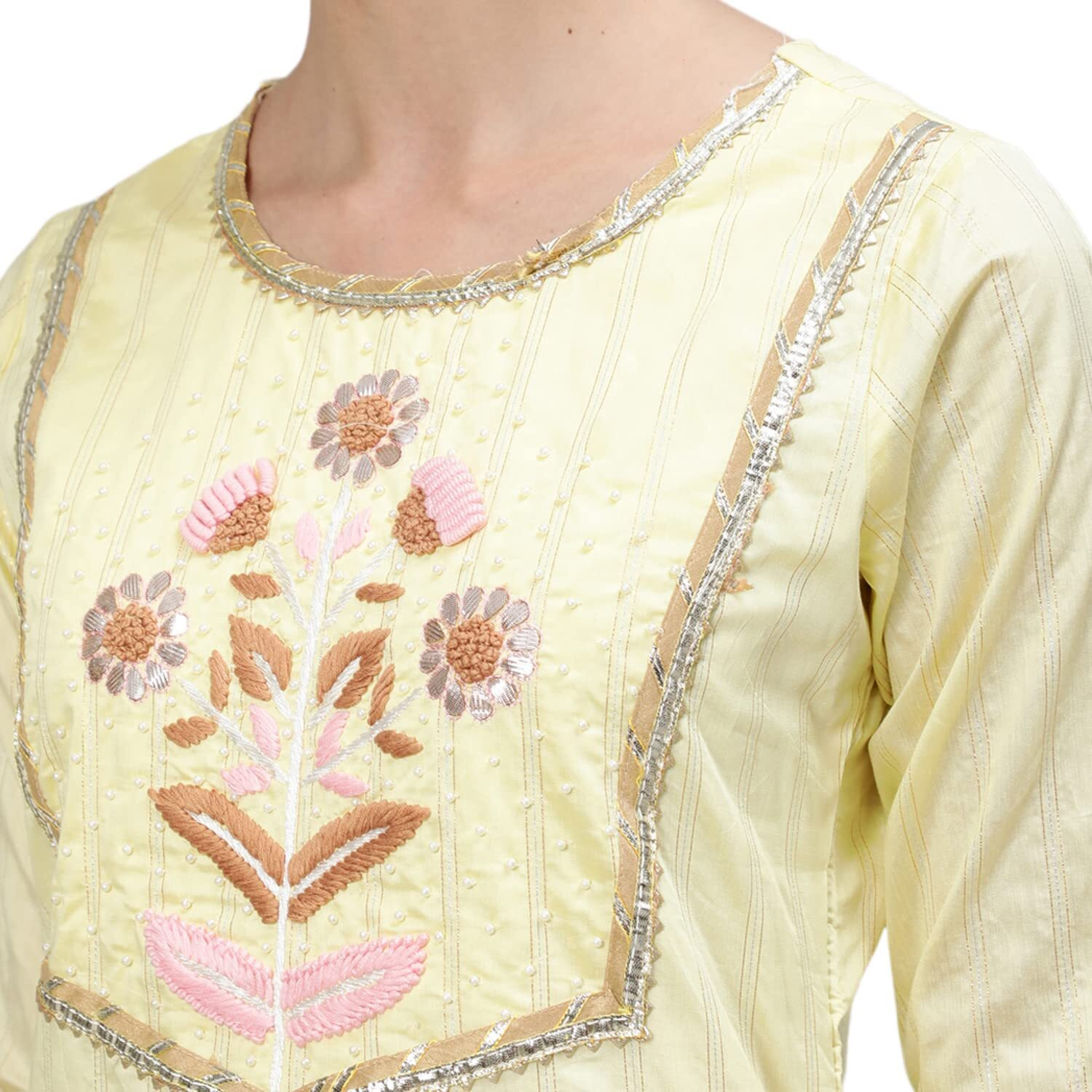 Ishin Women's Silk Blend A-Line Embroidered Thread Work Floral Print Yellow Kurta Suit Set With Trouser Kpldpnk-17038_Xxl_Yellow