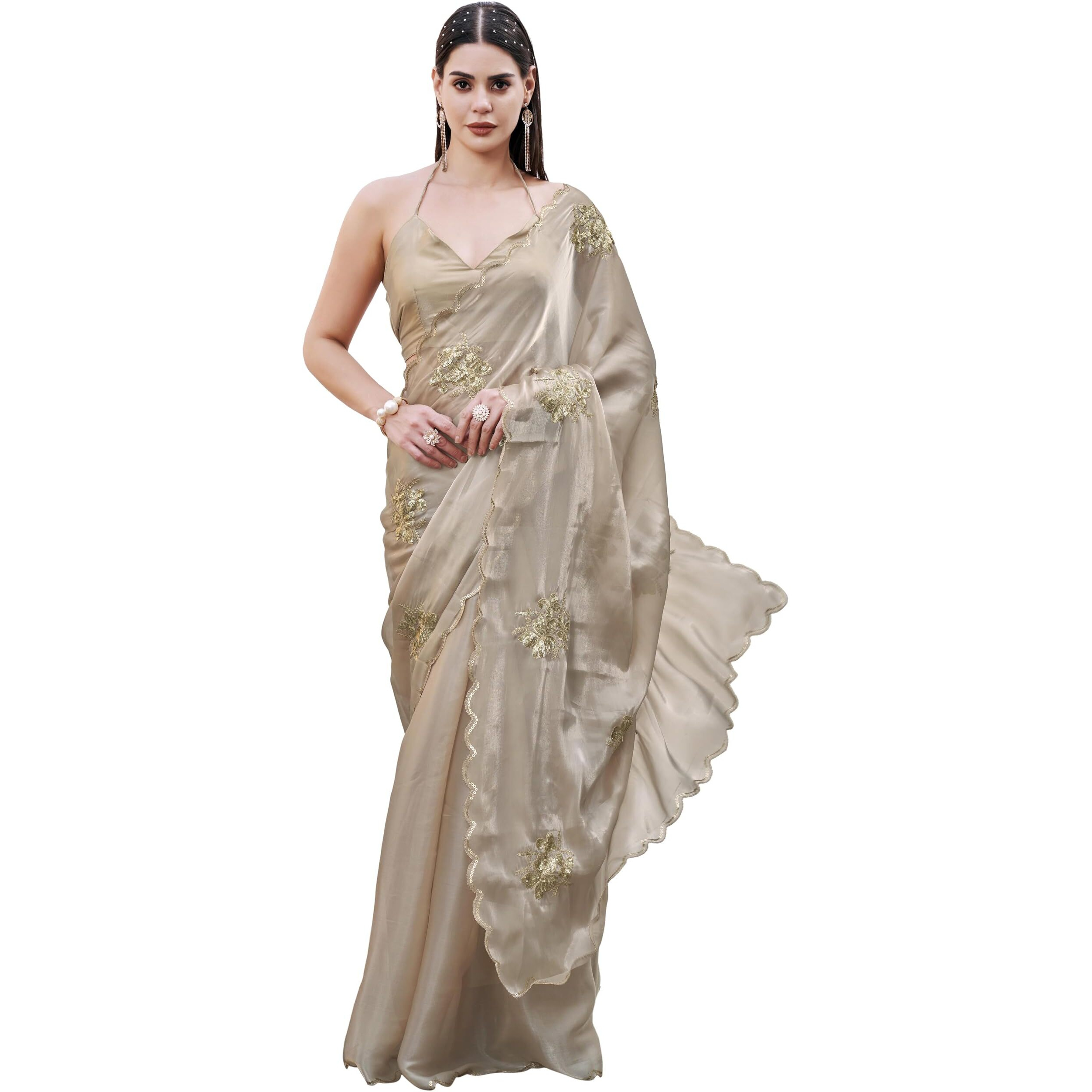 Womanista Women's Beige Colored Burbery Satin Saree With Sequinned Embroidered Butta On Pallu And Scalloped Border(Ti6845_Beige_Onesize)