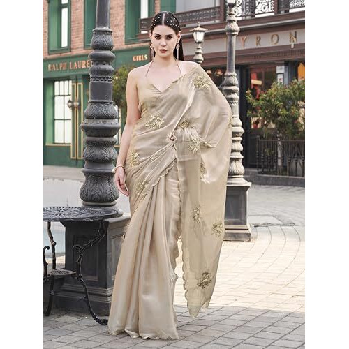 Womanista Women's Beige Colored Burbery Satin Saree With Sequinned Embroidered Butta On Pallu And Scalloped Border(Ti6845_Beige_Onesize)