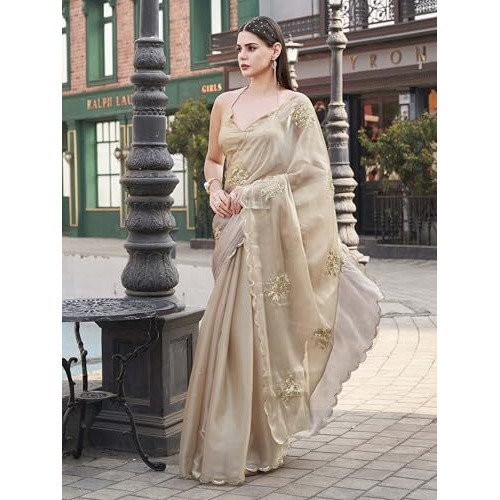 Womanista Women's Beige Colored Burbery Satin Saree With Sequinned Embroidered Butta On Pallu And Scalloped Border(Ti6845_Beige_Onesize)