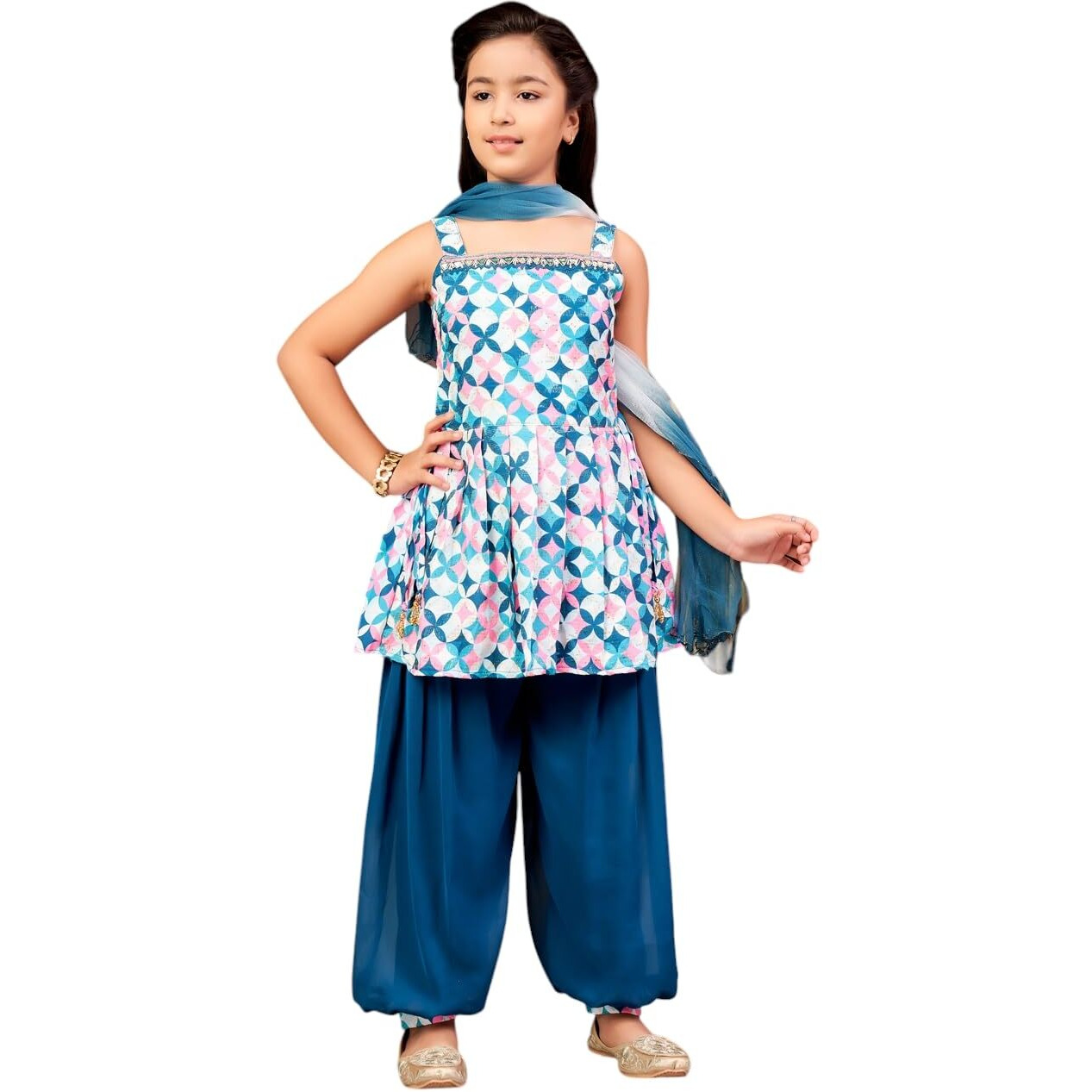 Aarika Girls Ethnic Wear Sea Green Colour Beads Embroidery Cotton Blend Kurti Patiala Set With Dupatta-4-9 Years (Pt-Shm-5016)