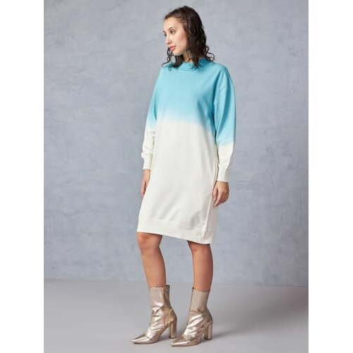 Bewakoof Heavy Duty 1.0 Women's Ombre Oversized Fit Full Sleeve High Neck Cotton Sweatshirt Dress_614099_Beige_M