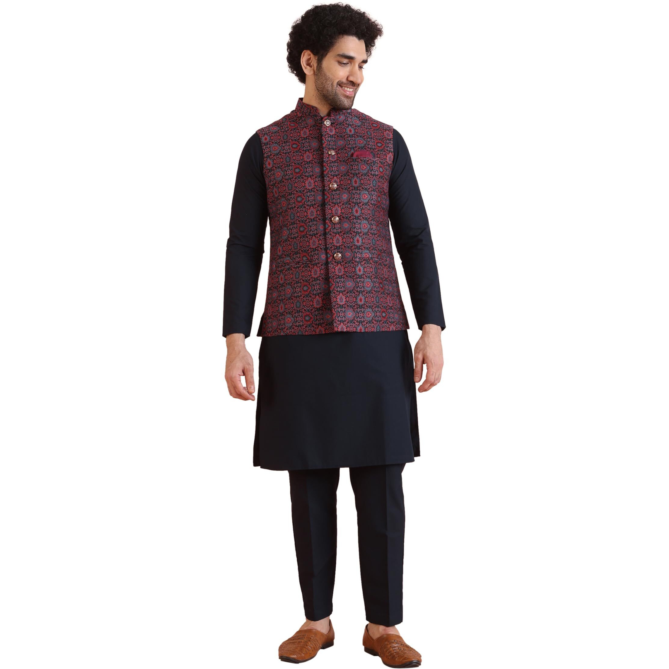 Kisah Men's Kurta Jacket Trouser Set, Multi Cotton Blend, Woven Design Full Sleeves Regular Fit Mandarin Collar (L)