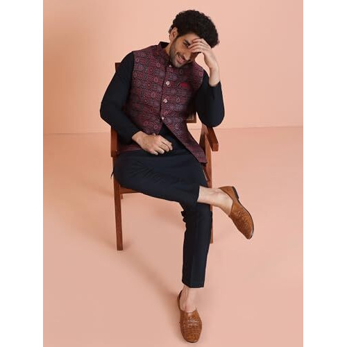 Kisah Men's Kurta Jacket Trouser Set, Multi Cotton Blend, Woven Design Full Sleeves Regular Fit Mandarin Collar (L)