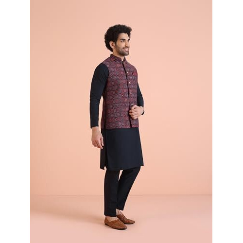 Kisah Men's Kurta Jacket Trouser Set, Multi Cotton Blend, Woven Design Full Sleeves Regular Fit Mandarin Collar (L)
