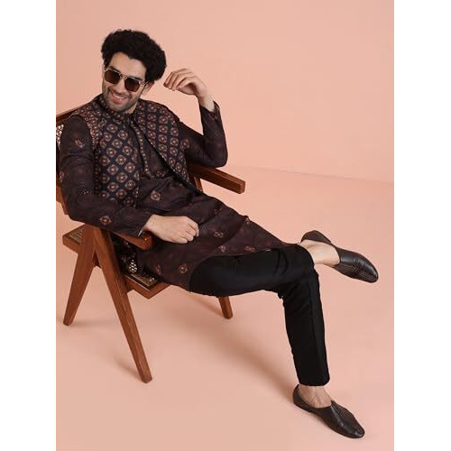 Kisah Men's Black Printed Kurta Jacket Trouser Set, 38