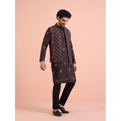 Kisah Men's Black Printed Kurta Jacket Trouser Set, 38