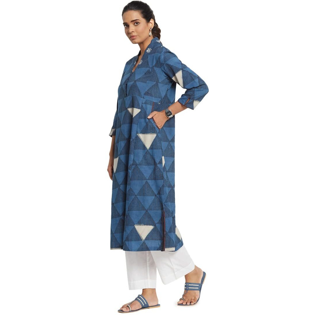 Fabindia Women Printed Straight Long Kurta Cotton_Xs Blue