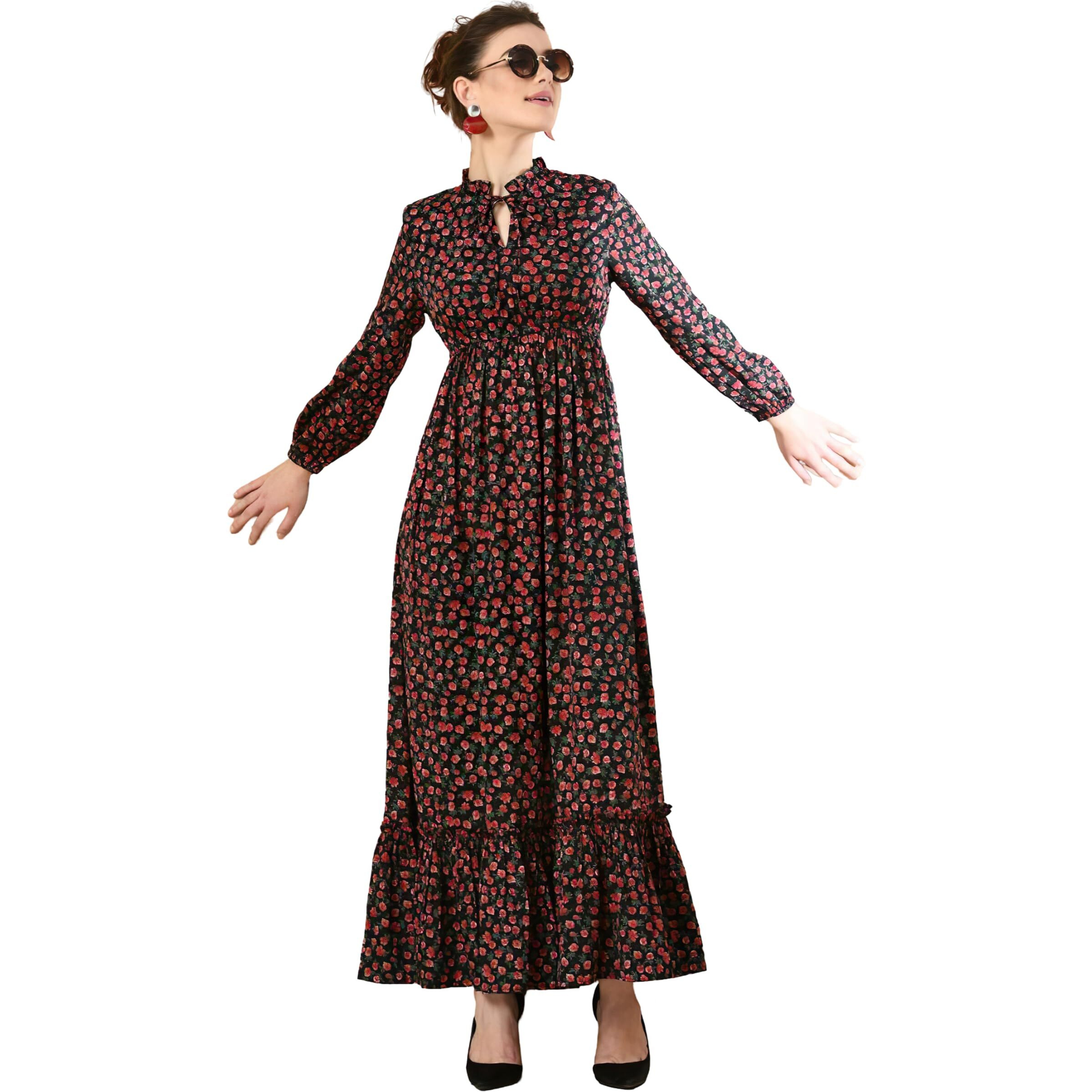 Kzully Women's Rayon A-Line Ankle Length Dress (8001RedSmallFlowerXxl