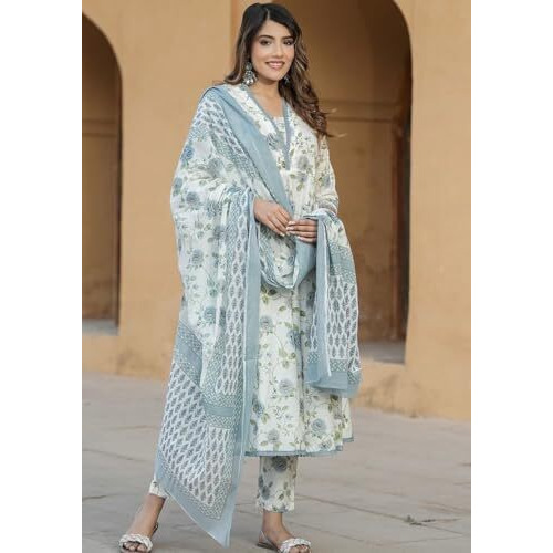 Fashion Basket Cotton Kurat Set With Duptta For Women Sky Blue