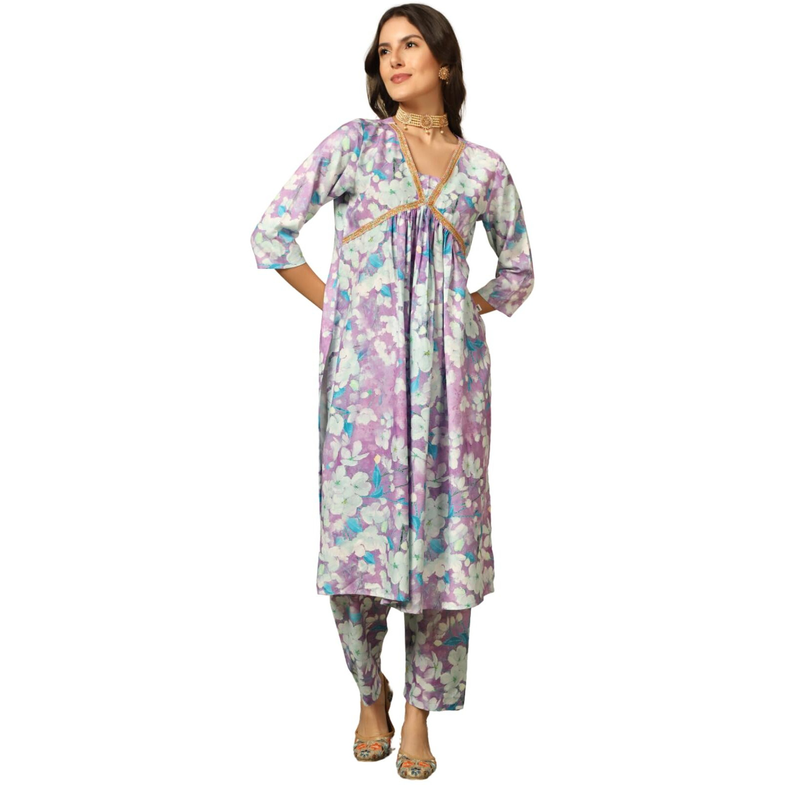 Leriya Fasion Women's Semi Cotton Floral Regular Kurta Set (Lf-K2738&P160_Purple_L)