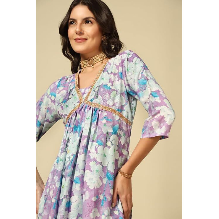 Leriya Fasion Women's Semi Cotton Floral Regular Kurta Set (Lf-K2738&P160_Purple_L)