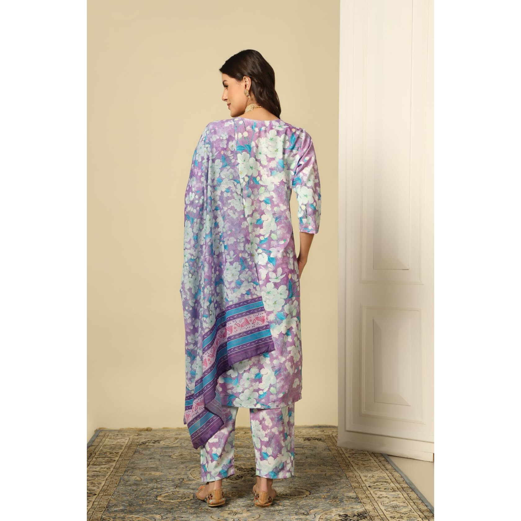 Leriya Fasion Women's Semi Cotton Floral Regular Kurta Set (Lf-K2738&P160_Purple_L)