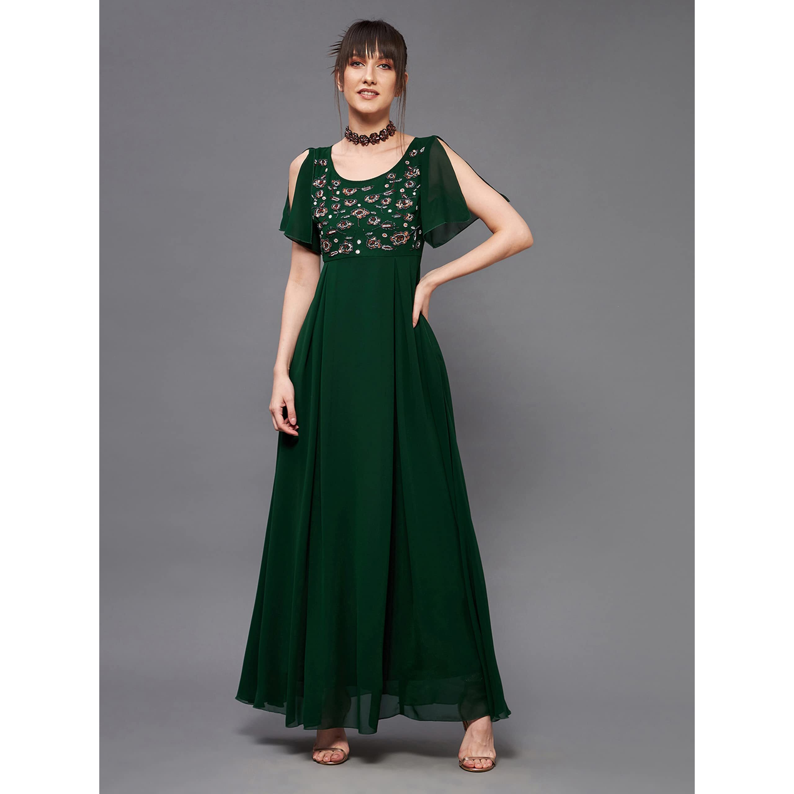 Miss Chase Women's Dark Green Round Short Slit Sleeve Solid Embellished Georgette Maxi Dress (Mcss22D06-50-42-04, Dark Green, M)